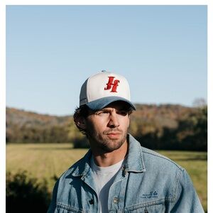 Hutson White & Blue Trucker Hat with Red Embroidered Logo